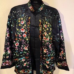 Vintage Floral Embroidered Black Silk Jacket